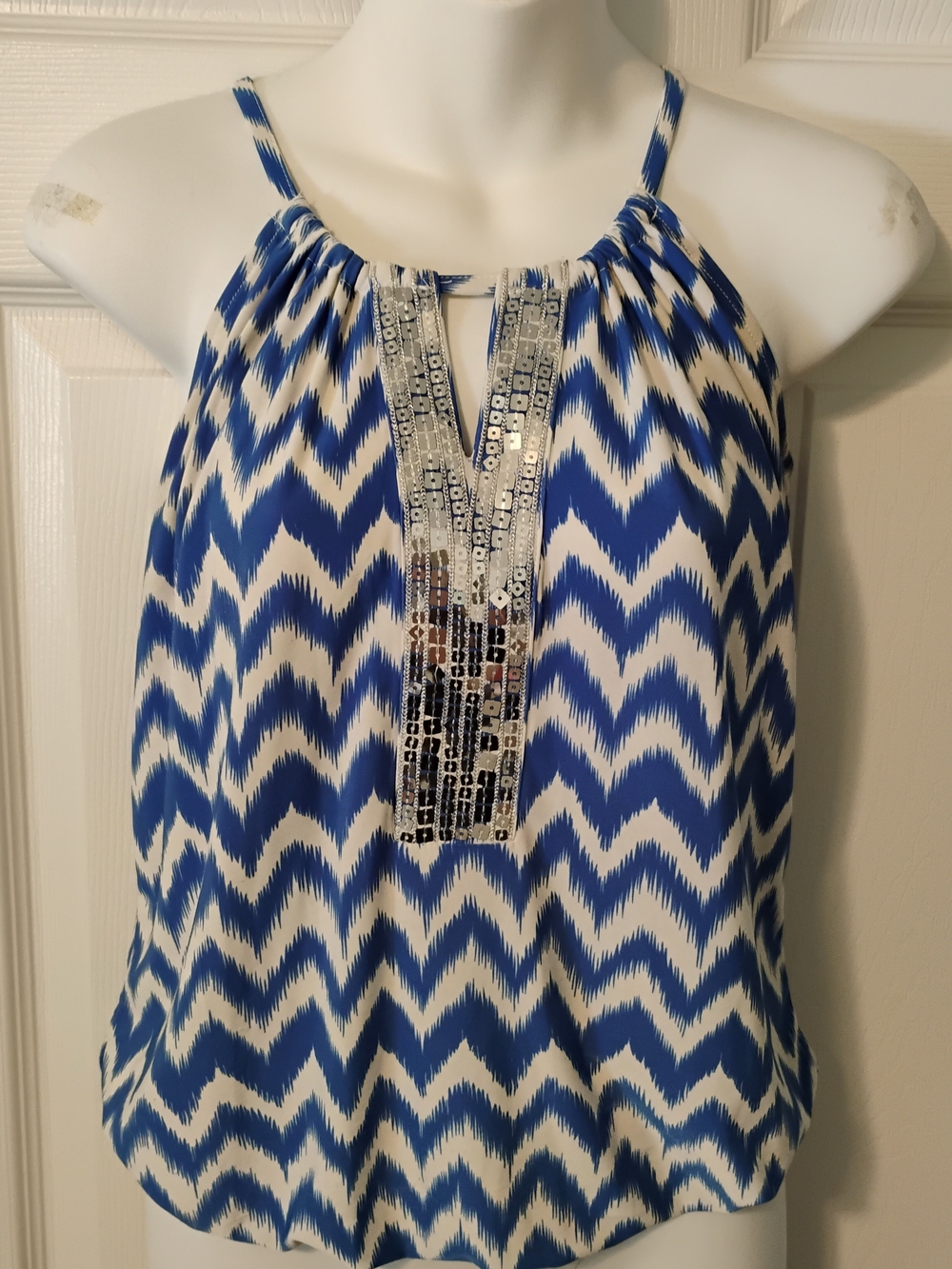 Blue Chevron Halter Camisole with Sequin Placket